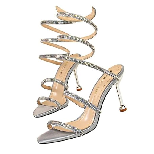 Sandália Feminina Espiral com Strass, Salto Alto Fino (Prata, BR, Adulto, Numérico, 37)