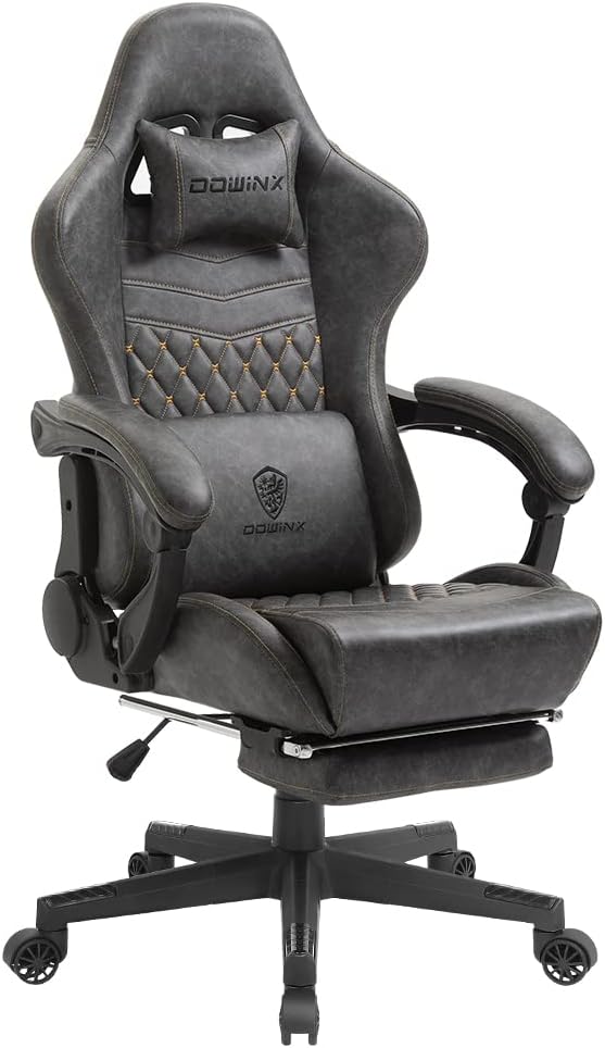Dowinx Gaming Chair with Massage Lumbar Support, Vintage Style Office Computer Chair PU Leather E-Sports Gamer Chairs with Retractable Footrest and Headrest Light Grey