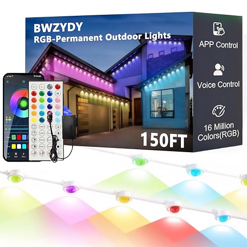 BWZYdy Permanent Outdoor RGB Lights,Waterproof Smart LED Eaves Lights with App/Remote Control,DIY IP67 Waterproof for Christmas and All Holiday Decor,House Roof and Garden Lighting (150FT)