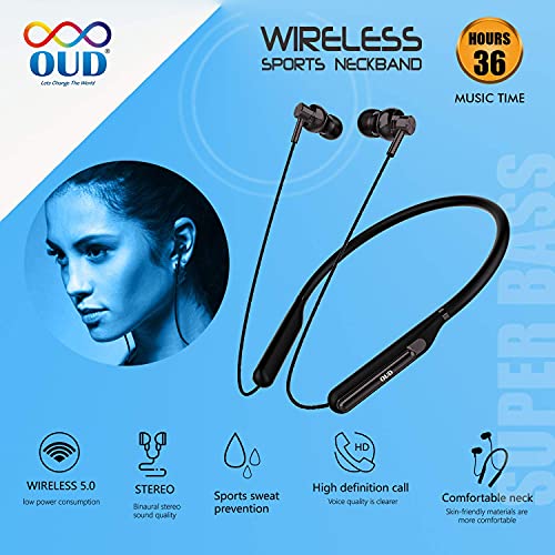 oud super bass wireless neckband earphones with 30 hour music playback time latest bluetooth 5 0 ipx5 sweatproof headphones with mic multicolor amazon in electronics
