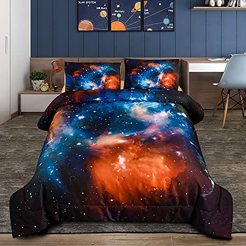 Btargot 3 Piece 3D Galaxy Comforter Twin(66x90lnch), 3 Pieces(1 Galaxy Comforter, 2 Pillowcase), Universe Nebula Outer Space Comforter, Microfiber Bedding Set for Boys Kids