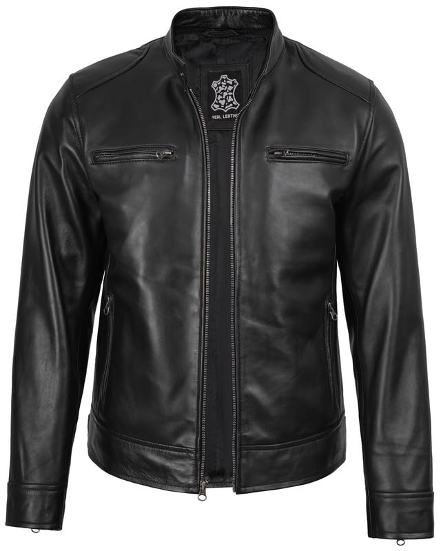 Image of Decrum Men's Real Lambskin Leather Jacket with Hood | Hooded Style, Zip Closure, Exterior and Interior Pockets, Polyester Lining