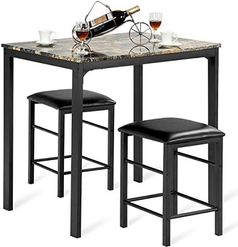 GJH One Counter Height Dining Set Faux Marble Table 2 Chairs Kitchen Bar Furniture 3 PCS