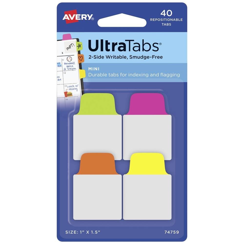 AVERY Zweckform Art. 74759 Adhesive Strips Transparent/Neon 40 Sticky Notes 25.4 x 38.1 mm Writable Index Tabs Film Removable Sticky Notes Page Markers Sticky Notes