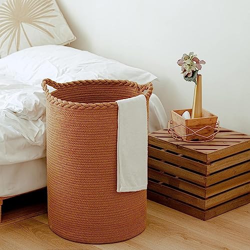 Image of ALBY Woven,Tall Wicker Laundry Basket for Blankets,Clothes,Pillows,Toys,Shoes Large Cotton Laundry Hamper for Bedroom Living Room Bathroom Nursery (12''D x 15''H INCH, LIGHT BROWN)