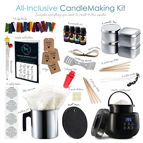 Image of Hearth & Harbor Organic Soy Candle Making Kit for Adults, DIY Crafts, Complete Candle Making Supplies Include Natural Soy Wax, Tins, Electric Pot, Scents, Wicks & More - Gift Idea, Home Decor - 2 Lbs