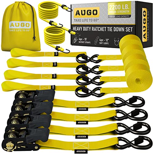 Image of AUGO Ratchet Straps Heavy Duty 4 Pack -15 FT - 2200 LB Break Strength - Ratchet Tie Down Straps with Safety Lock S Hooks - Cargo Straps for Moving, Appliances, Motorcycle - Soft Loop Tie Down Straps