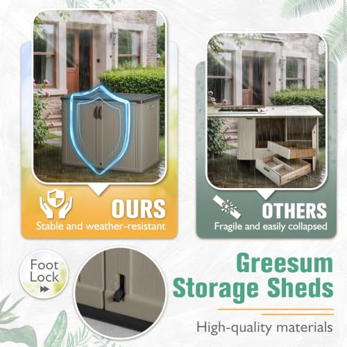 Image of Greesum Outdoor Storage Cabinet 30 CuFt, Resin Large Storage Box Weather Resistance with Lockable Doors, Easy to Assemble, Horizontal Storage Shed for Garden, Patio, Backyard, Beige (Without Shelf)
