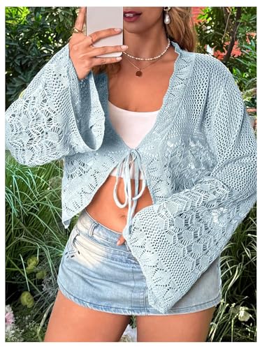 Image of Floerns Women's Plus Size V Neck Long Flounce Sleeve Tie Front Knit Crop Cardigan