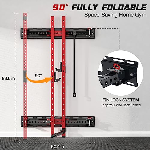 Mappding Folding Squat Rack Wall Mounted, 1100LBS Foldable Squat Power Rack Weight Cage with Pull Up Bar, J-Cups, Landmine and Partable Space Saving Free Standing for Home Gym Garage Workout, Red - Thumbnail 3