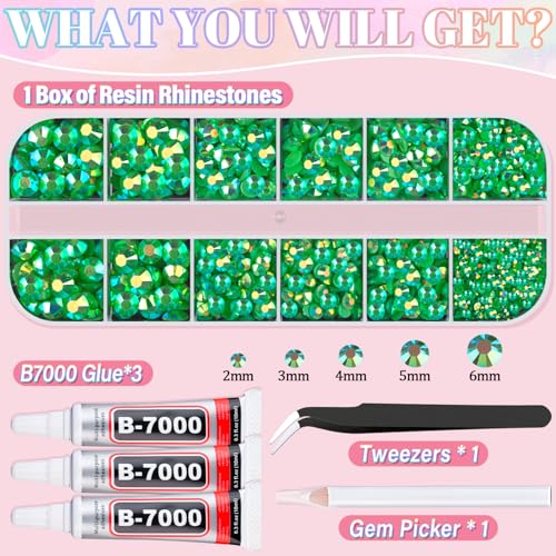 Image of Resin Rhinestones for Crafting with 3Pcs 10ml B7000 Jewelry Glue, 1 Box Dark Green AB Flatback Gems Crystals Diamond for Bedazzling Crafts DIY Nail Art Makeup, Gems for Clothing Tumblers Shoes