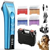 Kit profesional de aseo inalámbrico para mascotas, perros, gatos y caballos, con hoja 5 en 1, de bajo ruido y alta potencia, recargable, inalámbrico, para pelajes gruesos y pesados (azul)