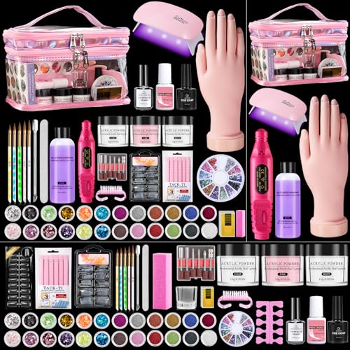 Nail Kit for Beginners with Everything: Practice Nail Hand Acrylic Set Professional Powder Liquid Starter Kits with Drill U/V Lamp in Cosmetic Gift Bag for Salon Home (Pink)