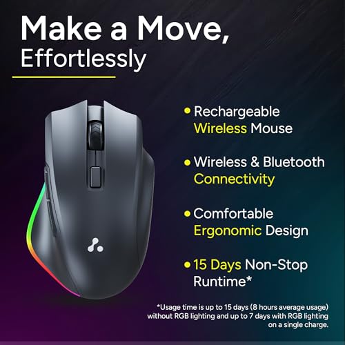Image of Ambrane Wireless & Bluetooth Rechargeable Mouse with RGB Lights, High 2400 DPI for Gaming, 6 Buttons, Ergonomic Comfort Design, Connects 3 Devices, Silent Click, 15 Days Battery (Sliq Glow+, Black)