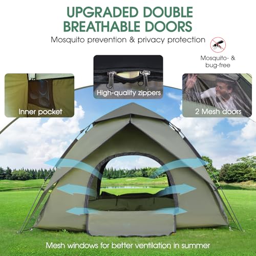 Camping Tent, 3-4 Man Person Tents Pop Up Family Dome Tent Waterproof Windproof, Large Lightweight 4 Seasons Tent, 2 in 1 Double Layers Portable Camping Tents for Hiking Backpacking Outdoor - Image 2