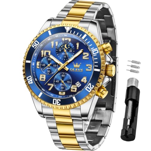 OLEVS Watch Men Luxury Blue Face Two Tone Chronograph Wrist Dress Watch