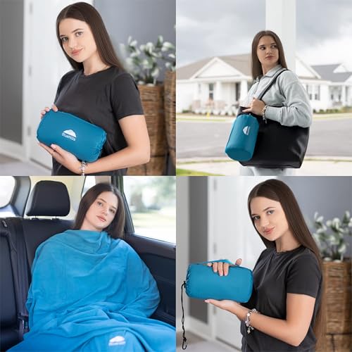 Image of BlueHills Ultra Compact Travel Blankets for Two with Portable Carry Case Case Premium Soft Plush Large Airplane Blankets 2 Pack for Car Plane Train Hotel Layover Peacock -C204-2pk-Teal