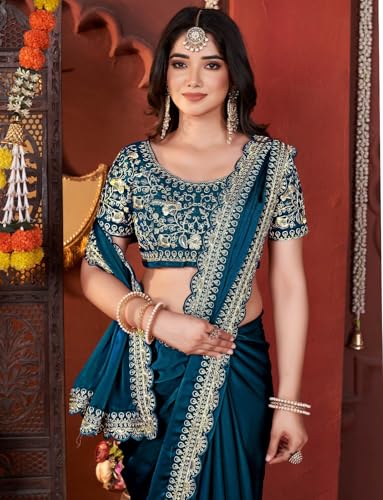 Image of DHARMEE Women's Elegant Designer Sarees Premium Rangoli Fabric with Embellished Border, Lightweight and Stylish Ethnic Wear - Perfect for Parties, Weddings, and Festive Occasions..