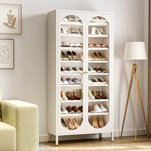 BECHAEO 9-Tier Tall Shoe Cabinet with Glass Doors 67” Large Metal Shoe Storage Cabinet with 8 Adjustable Shelves, 27-36 Pairs Shoe Organizer Rack for Entryway Hallway Cloakroom Living Room, White