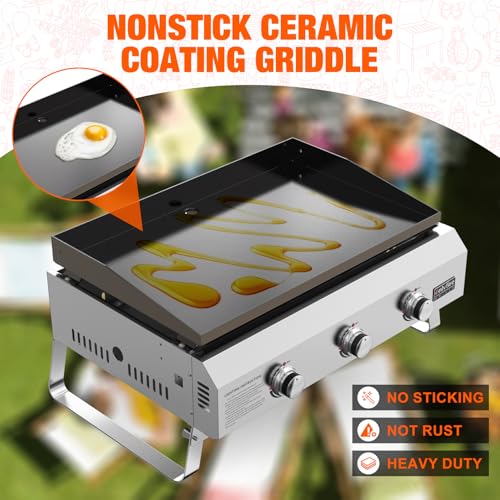 onlyfire Plancha Tischgasgrill 3 Edelstahl-Brenner, Keramische Lackbeschichtung Grillplatte, Camping Gasgrill, Kompakter Tischgrill Gas, Kleiner Balkon-Picknick-Grill, Grillfläche 57x36CM, 7,03KW