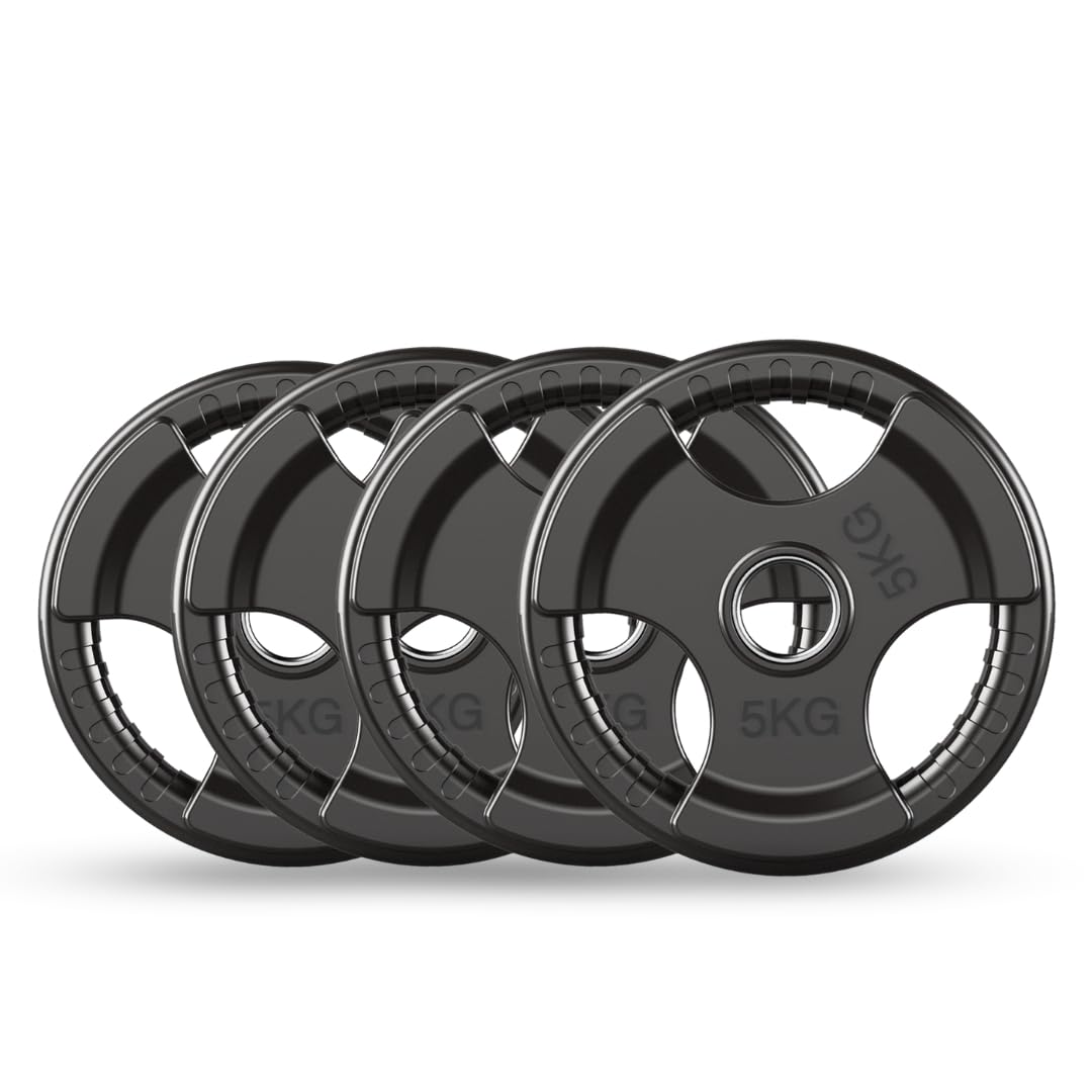 PhysKcal Olympic Weight Plates Set of 4 x 5kg with Rubber Finish 2’’ Opening and Tri-Grips, Black Barbell Plates Discs in Pair for Lifting and Strength Training, Solid Cast Iron Weights Set