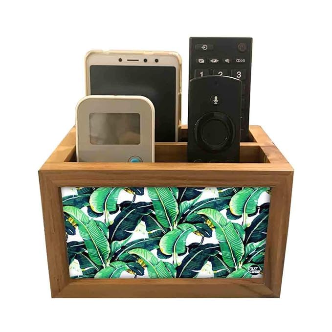 Nutcase Designer Teak Wood TV Remote Stand For Home Remote Holders Organizer Caddy for TV/AC Remotes Control -Multipurpose Desk Organiser-6�x4�x4� - Banana Leaves 3