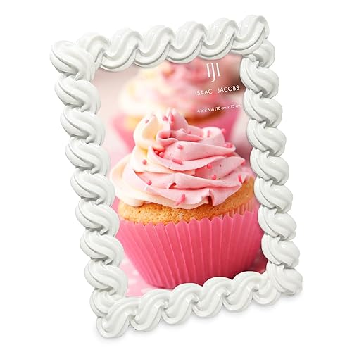 Isaac Jacobs 4x6 White Glossy Frosting Rectangle Picture Frame with Easel & Hook for Tabletop & Wall Display, Decorative Art Design, Home Décor, Gallery Wall, Bookshelf, Desktop Display (4x6, White) - White