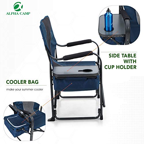 Alpha Camp Director Chair Folding Camping Chair With Side Table Heavy Duty Portable Chair With Cup Holder Cooler Bag Steel Outdoor Chair For Adults Oversized Lawn Chair For Picnic，Capacity-350 Lbs #TOP1