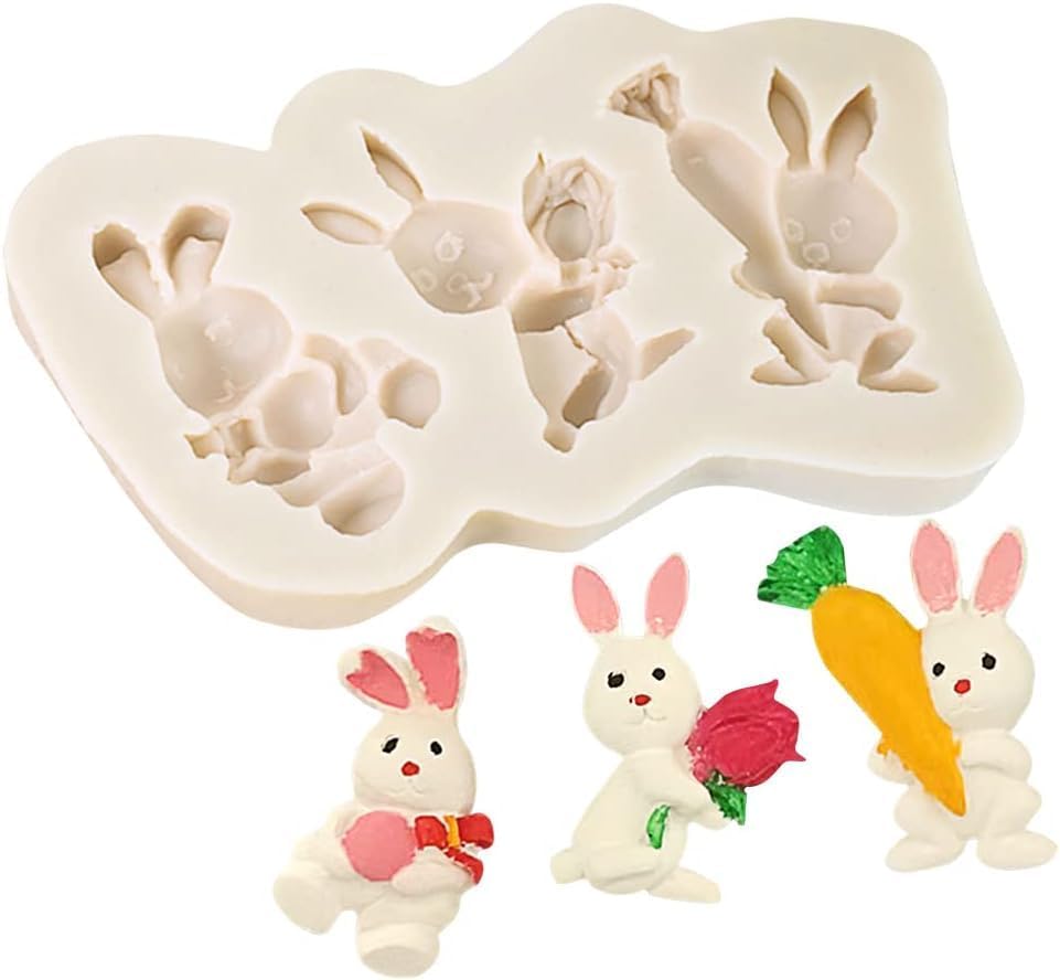 3 Cavity 3D Rabbit Easter Bunny Fondant Mould Silicone Mold Easter Theme Decoration Tool Chocolate Candy Cake Gumpaste Jelly Jello Mold Paper Clay Mold Kitchen Baking Tools