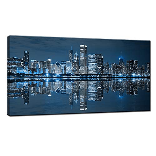 LevvArts Modern City Wall Art Chicago Downtown at Night Picture Print on Canvas Building Artwork for Office Living Room Wall Decoration