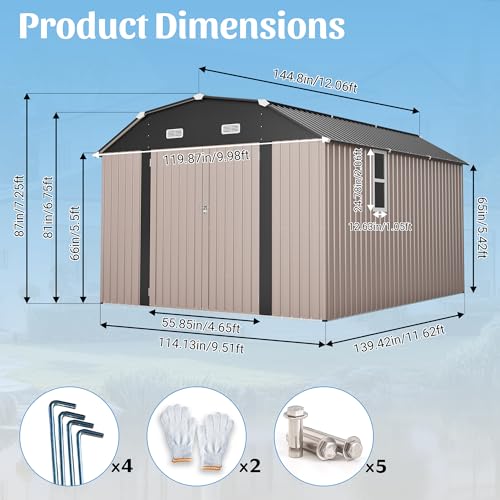 Image of YOPTO 10x12 FT Outdoor Storage Shed,Heavy Duty Metal Shed W /Floor Frame & 2 Windows,Garden Shed W / 4 Air Vents,Diamond-Shape Roof & Lockable Door,for Backyard,Patio,Lawn,Brown