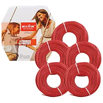 KLICK Copper Wire with Triple Layer PVC Coating, Single Core Flexible Electric Cable for Domestic & Industrial Connections (1.5 mm, 90m Long, Red, 5 Pcs)