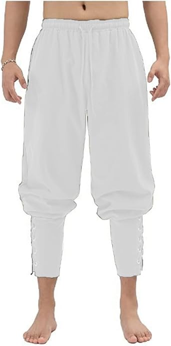 Mens Cotton Linen Pants Ankle Banded Elastic Waist Drawstring Renaissance Gothic Medieval Navigator Pirate Trousers