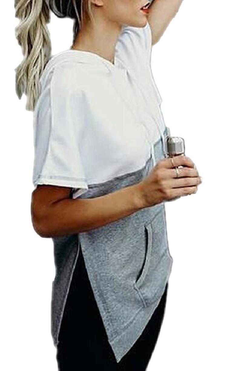 YY-qianqianWomen Casual Athleisure Contrast Color Short Sleeve Pullover Hoodie Sweatshirt