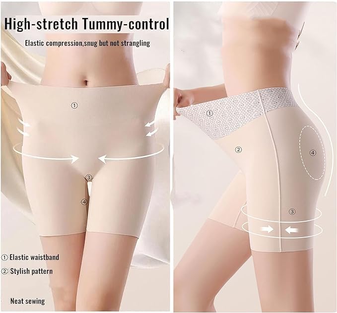 Women High-Waist Ice Silk Underwear with Tummy-Control Hip-Lifting, Anti-Exposure 2-in-1 Bottoming Safety Pants2