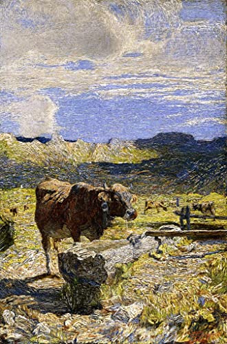 Cuadro de vaca de Segantini para decorar un salón rústico con arte clásico de 60x90cm