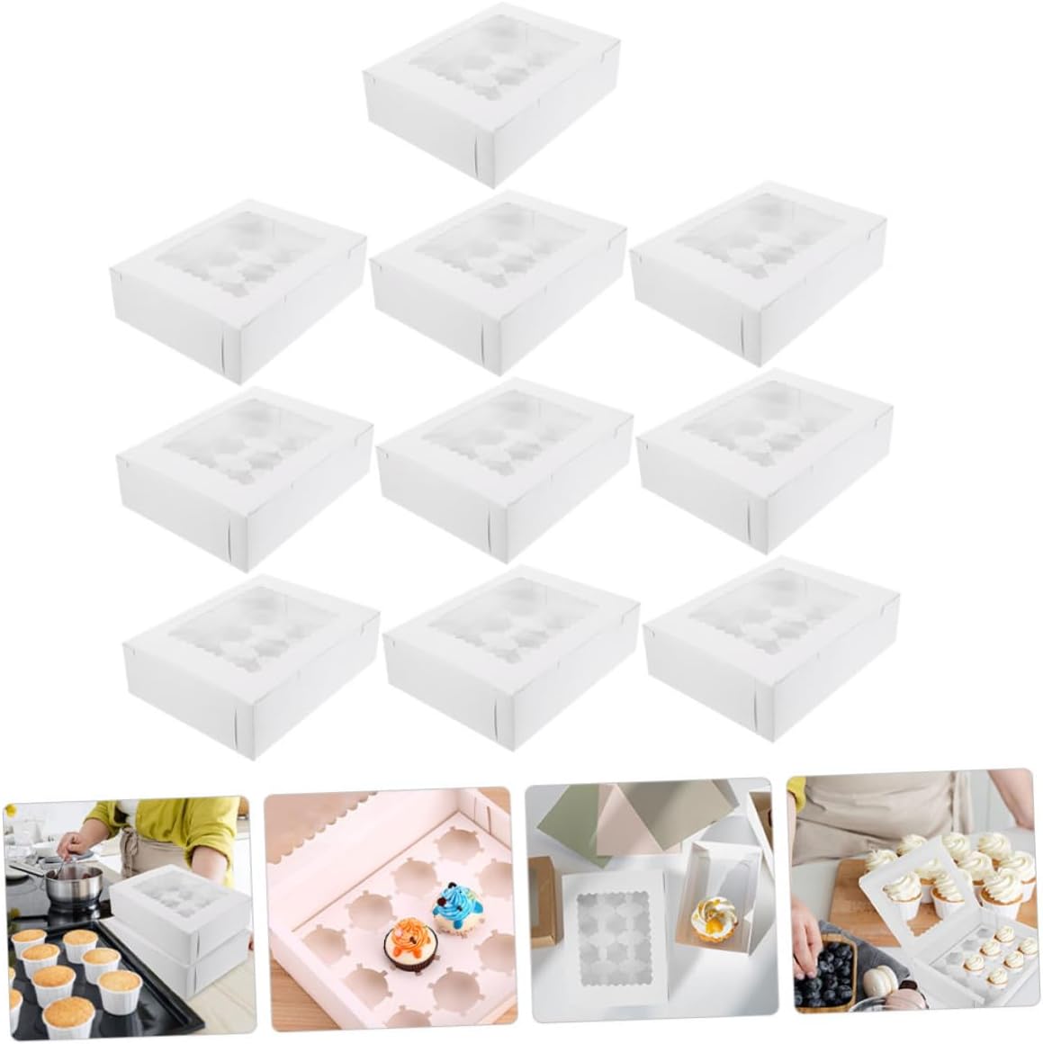 jojofuny 10pcs White Cardboard Egg Tart Boxes with Window, Paper Cupcake and Muffin Cake Packing Boxes, Pastry Bakery Packaging for Individual Dessert Storage and Transport