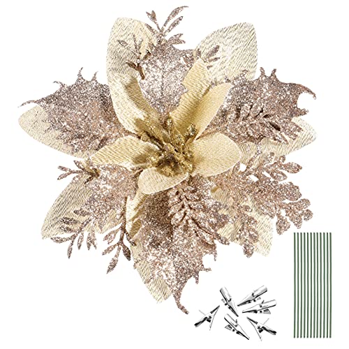 NUOBESTY 12 peças de flores de poinsétia com glitter de Natal, enfeites de árvore de Natal, flores d