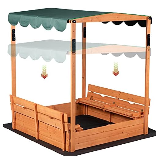 Wooden Outdoor Kids Sandbox Convertible Canopy Covered Sand Box Bench Seat Storage