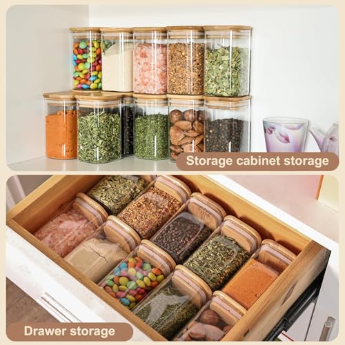 Image of 6oz Glass Spice Jars with Bamboo Lid and Label, 12 Pack Square Glass Container, Small Food Storage Containers for Kitchen, Clear Empty Seasoning Jar for Sugar, Salt, Coffee Bean, Herb, Borosilicate