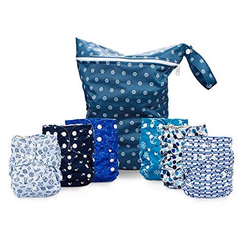 Image of Simple Being Reusable Cloth Diapers, Double Gusset, One Size Adjustable, Washable Soft Absorbent, Waterproof Cover, Eco-Friendly Unisex Baby Girl Boy, six 4-Layers Microfiber Inserts (Under The Sea)