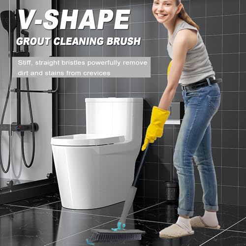 Cepillo de lechada con mango largo en forma de V gris para esquinas de baño 3