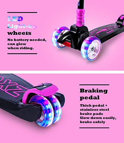 SULIVES Kick Scooter for Kids 3 Wheel Scooter 3 Adjustable Height Lean to Steer with PU Flash Wheel for Ages 3-5 6-12 Children Girls and Boys Rose Red - Thumbnail 5
