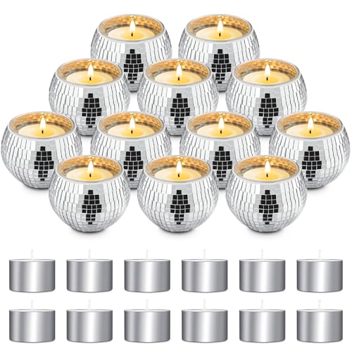 Image of Luditek Disco Ball Candle Holders, 12 Pcs Mirror Silver Decor for Christmas Birthday Wedding NYE Party Decorations, Glass Votive with Tealights for Home Table Centerpiece, Gifts for Women