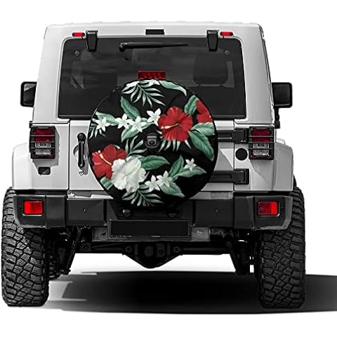 Foruidea Tropical Hawaiian Vintage Flower Red Hibiscus Spare Tire Cover with Backup Camera Hole Wheel Tire Cover Fit Trailer, RV, SUV and Many Vehicle 17inch Cover