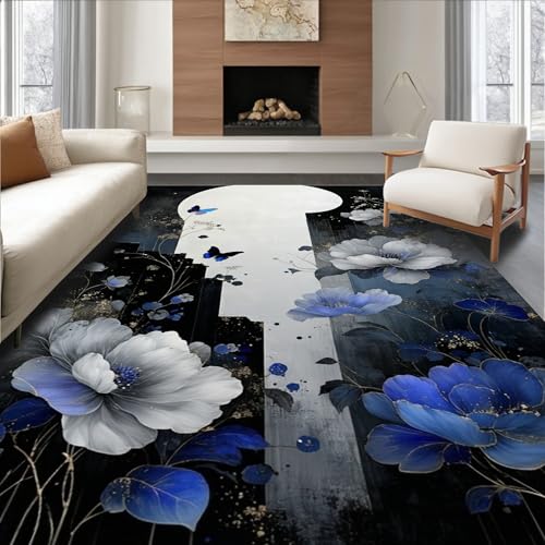 Design&I Low Pile Flatwoven Area Rug 8x10, Midnight Bloom Black