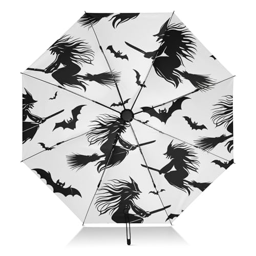 Escoba de bruja paraguas de Halloween para protección solar, paraguas plegable compacto, negro, paraguas personal automático para lluvia y sol