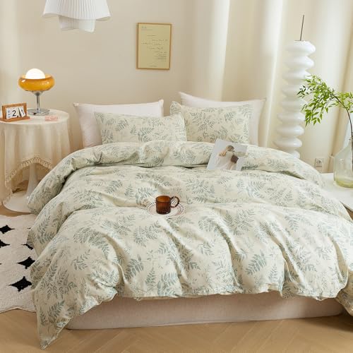 ECOCOTT 3 Pieces Duvet Cover Set with Vintage Green Leaves Pattern 100% Natural Cotton Cozy Simple Style Bedding Set (Queen Size)