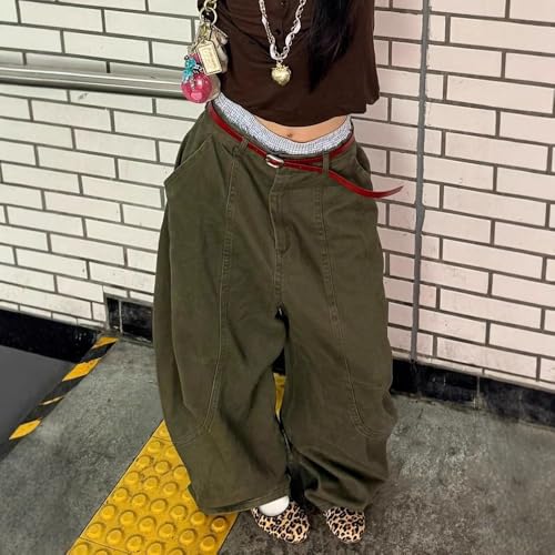 Women's Barrel Jeans Wide Leg Mid Rise Loose Y2k Baggy Boyfriend Jeans Denim Trousers Vintage Streetwear Green Pants3