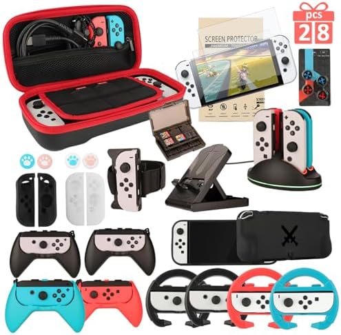 Switch OLED Accessories - 28 in 1 Family Accessory Bundle Kit for Nintendo Switch OLED Edition Carrying Case&Tempered Glass Protector,Joy Con Charger, Gaming Steering Wheels, Grips and More : Video Games
